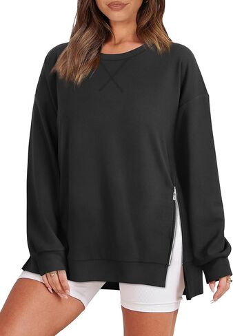 WIHOLL Women's Oversized Lightweight Sweatshirt with Side Slit Zipper Soft Crew Neck Pullover Long Sleeve Tops 2024 Fashion in Kuwait