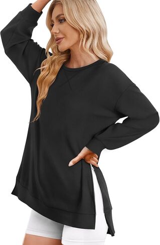WIHOLL Women's Oversized Lightweight Sweatshirt with Side Slit Zipper Soft Crew Neck Pullover Long Sleeve Tops 2024 Fashion in Kuwait