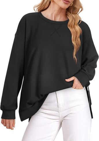 WIHOLL Women's Oversized Lightweight Sweatshirt with Side Slit Zipper Soft Crew Neck Pullover Long Sleeve Tops 2024 Fashion in Kuwait