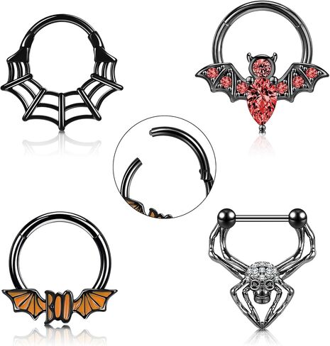 16G Septum Nose Ring Hoop for Women Men 316L Stainless Steel Halloween Nose Rings Halloween Bat Helix Earrings Clicker Dangle Daith Tragus Cartilage Piercing Jewelry, 4PCS in Kuwait