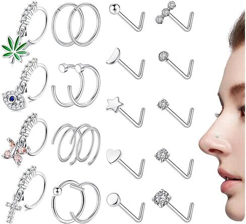 SONNYX 22 قطعة من حلقات الأنف المتدلية من الذهب عيار 14 قيراط، حلقات الأنف من الفولاذ الجراحي 316L، حلقات الأنف من الفولاذ الجراحي CZ على شكل حرف L، مجوهرات ثقب الأنف مضادة للحساسية للنساء والرجال 20 جرام in Kuwait