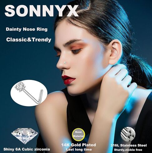 SONNYX 22 قطعة من حلقات الأنف المتدلية من الذهب عيار 14 قيراط، حلقات الأنف من الفولاذ الجراحي 316L، حلقات الأنف من الفولاذ الجراحي CZ على شكل حرف L، مجوهرات ثقب الأنف مضادة للحساسية للنساء والرجال 20 جرام in Kuwait