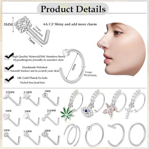 SONNYX 22 قطعة من حلقات الأنف المتدلية من الذهب عيار 14 قيراط، حلقات الأنف من الفولاذ الجراحي 316L، حلقات الأنف من الفولاذ الجراحي CZ على شكل حرف L، مجوهرات ثقب الأنف مضادة للحساسية للنساء والرجال 20 جرام in Kuwait