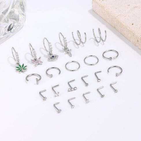 SONNYX 22 قطعة من حلقات الأنف المتدلية من الذهب عيار 14 قيراط، حلقات الأنف من الفولاذ الجراحي 316L، حلقات الأنف من الفولاذ الجراحي CZ على شكل حرف L، مجوهرات ثقب الأنف مضادة للحساسية للنساء والرجال 20 جرام in Kuwait