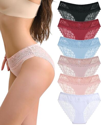 6 Pack Cheeky Underwear for Women Sexy Lace Bikini Seamless Panties Ladies No Show Silky Hipster in Saudi Arabia