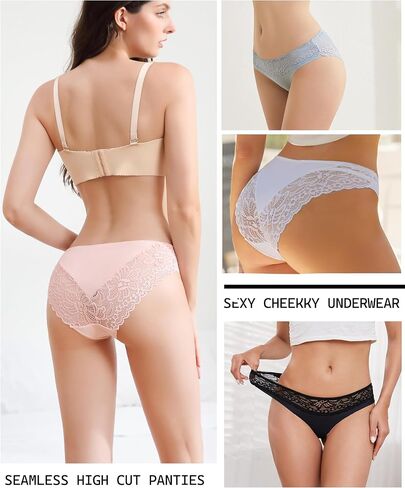 6 Pack Cheeky Underwear for Women Sexy Lace Bikini Seamless Panties Ladies No Show Silky Hipster in Saudi Arabia