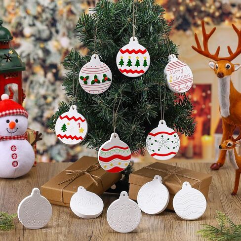 Zubebe 30 Pcs Christmas Tree Hanging Ornaments with Rope Paint Your Own Crafts DIY Ceramics Xmas Hanging Craft Ornaments Unpainted Xmas Character Ornaments Christmas Party Decor in Kuwait