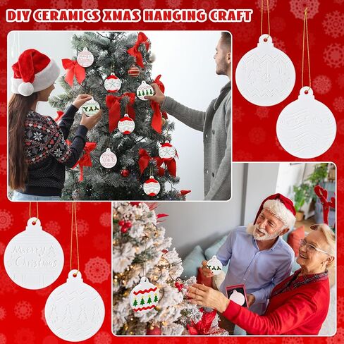 Zubebe 30 Pcs Christmas Tree Hanging Ornaments with Rope Paint Your Own Crafts DIY Ceramics Xmas Hanging Craft Ornaments Unpainted Xmas Character Ornaments Christmas Party Decor in Kuwait