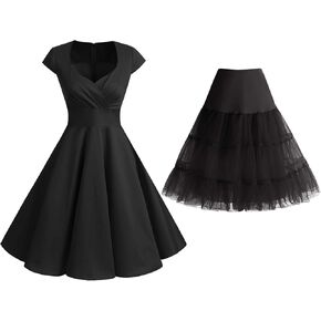 Bbonlinedress Women 1950s Retro Vintage Cocktail Dress Black M + Vintage Petticoat Underskirt 25" Black M