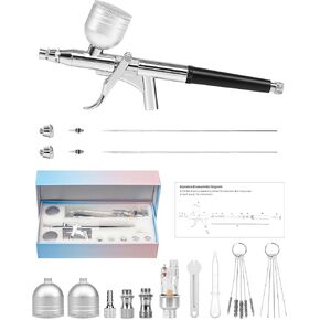 Rhinowisdom Airbrush Kit - Airbrush Gun Set Dual-Action Gravity Feed with 0.2, 0.4 & 0.5mm Needle Sets - Air Brush Set with 2 1/3 oz Replacement Cups for Nails Model Painting Cake Tattoo Makeup