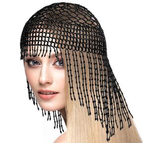 QWORK 1920s Black Beaded Cap Headpiece, Roaring 20s Flapper Headpiece for Gatsby Themed Party, Prom, Cosplay, and Special Occasions