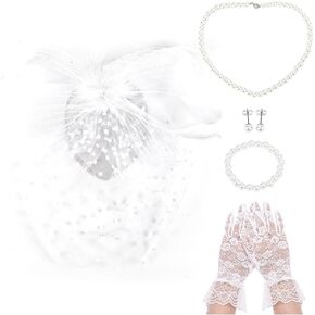 Fascinators Hats for Women Tea Party Netting Fascinator Headband for Women Girls Pearl Necklace Earring Bracelet Short Lace Gloves White, 5 Pack