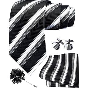 GUSLESON 3.15"（8cm） Striped Tie for Men With Lapel Pin Necktie Hankerchief Cufflinks Set