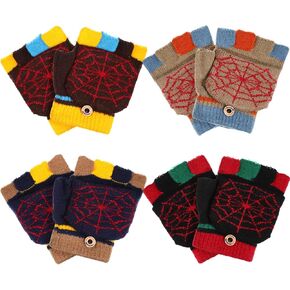 Handepo 4 Pairs Kids Convertible Fingerless Gloves with Cover Winter Warm Knitted Mitten Gloves Flip Top for Toddler Boy Girl