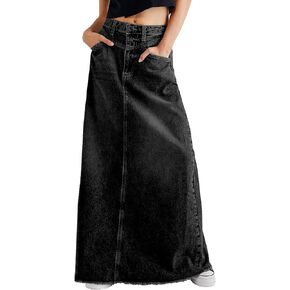 CHARTOU Women Vintage Denim Maxi Skirt Frayed Raw Hem High Waist A-Line Long Jean Skirt