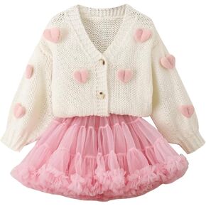 GORGLITTER Girl's 3D Heart Cardigan Sweaters Long Sleeve Button V Neck Knit Sweater Coats