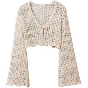 Milumia Girl's Tie Front Crochet Cardigan Hollow Out Long Sleeve Knitted Crop Top