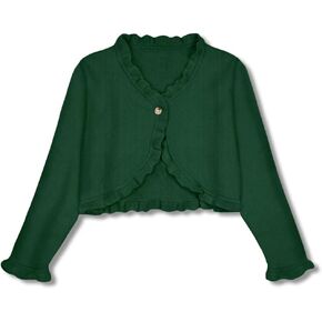 Kid Girls Xmas Open Front Button Knit Cardigan Solid Forest Green Long Sleeve Bolero Shrug Cover Up Sweater
