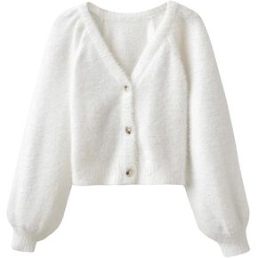 SHENHE Girl's V Neck Button Down Long Sleeve Fuzzy Cardigan Casual Cute Sweater Top