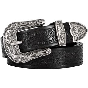 SANSTHS Western Belt For Men Women, Womens Mens Cowboy Belt For Pants Jeans With Vintage Floral Carved Design