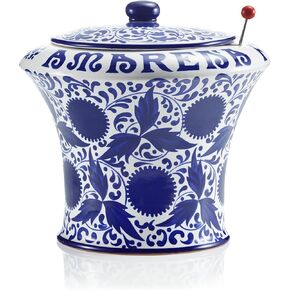 Fabbri Decorative Jar, limited edition white ceramic container with blue decorations with spoon and lid, great for your kitchen counter and cocktail bar