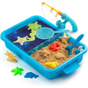 Sensory Bin W 1.5 LB Play Sand, 10 Sand Toys, 6 Sea Animal Toys, Dino Eggs, 1000 Crystals -Sensory Toys for Toddlers 3-4, 5-7, Fine Motor Skills Toys and Sensory Activities for Kids Ages 3+