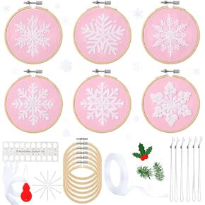 6 Sets Winter Embroidery Kit for Beginners Snowflakes Christmas Cross Kits DIY Needlepoint Kit with Patterns, Instructions, Embroidery Hoops, Threads, Needles, Needle Threader, Ropes, and Ribbon