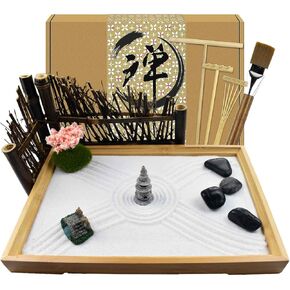Artcome Japanese Zen Sand Garden for Desk with Rake, Stand, Rocks and Mini Furnishing Articles - Office Table Accessories, Mini Zen Sand Garden Kit - Meditation Gifts