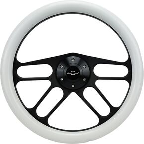 14" Billet Black Aluminum Muscle - Half Wrap 6 Hole Steering Wheel With Chevy Horn Button 4 Spoke