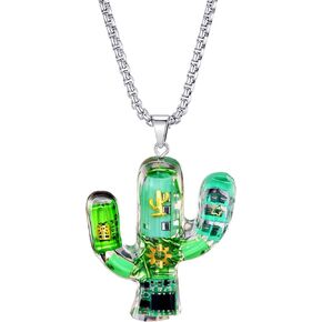Cyberpunk Cactus pendant Necklace Steampunk Hip hop Pendant Mechanical Pendant Accessories Cool Pendant Necklace for Men and Women, Green