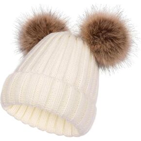 Kids Bobble Hat Winter Knitted Beanie for Boy Girl Warm Toddlers Beanie with Double Pom Pom Ears