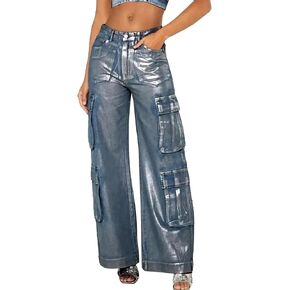 Fashionable Silver Hot Stamping Craft Women's Elastic Women's Pants with Multi Pocket Design, Work Pants, Comfortable Jeans