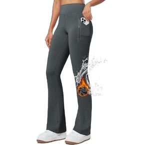 Willit Women's Fleece Lined Pants Thermal Leggings Winter Bootcut Yoga Pants Zipper Pockets Flare High Waist Water Resistant