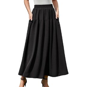 Tiered Maxi Skirt for Women 2024 Summer Elastic Waist A-line Beach Casual Flowy Swing Pleated Long Skirts with Pockets