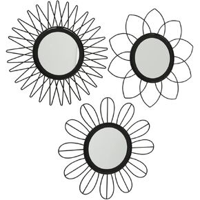 مجموعة مرايا WHW Whole House Worlds Modernist Home مكونة من 3 قطع، إطارات بتلات متفجرة، إطارات حديدية سوداء، إضافات زجاجية، قطر كل منها 10.75 بوصة (27 سم) in Kuwait