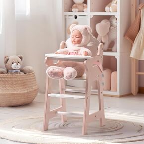 ROBUD Baby Doll High Chair, Pretend Play High Chair with Seat Belt, Pink Wooden Baby Doll Accessories with Movable Tabletop, Fits 18-20 Inch Dolls
