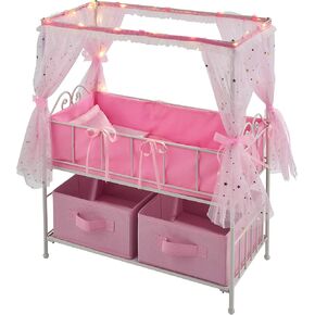 Badger Basket Starlights Metal Doll Crib with Canopy, Bedding, Storage & LED Lights – Pink/White Stars – Fits Dolls up to 18 Inches