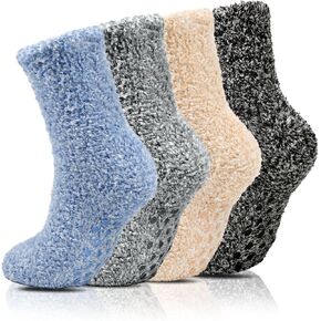 Fuzzy Socks for Women & Men Cozy Fluffy Soft Socks with Grips Non Slip Hospital Crew Socks Warm Winter Slipper Socks 4 Pairs