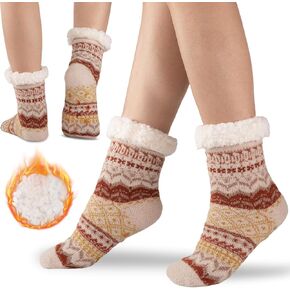 Slipper Socks for Women Warm Winter Cozy Fuzzy Fleece-Lined Socks Thick Pattern Floor Home Socks with Grippers