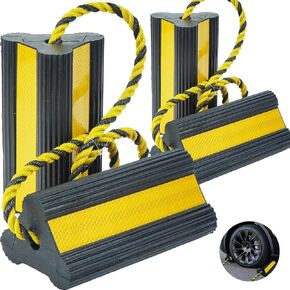 [2Pair 4Pack] Upgrade Rubber Wheel Chocks for Trailer Camper Trucks and Aircraft, Sturdy Heavy Duty Simple Easy to use, Tires Block Stopper Chock with Nylon Rope Yellow Reflective Tape