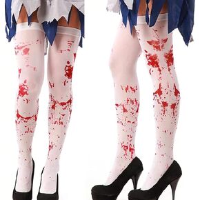 AUOCATTAIL 2 Pair Women Stockings High Socks for Halloween Cosplay Costume Bloody Socks White and Red Blood Stained