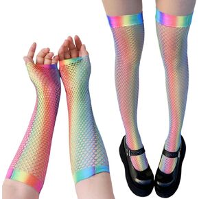 1 Pair Fingerless Fishnet Gloves Neon and 1 Pair Rainbow Fishnet Thigh Highs Neon Stockings for Women Girls 80s Theme Party Costume Accessories Set Scene Clothes for Halloween (Neon)