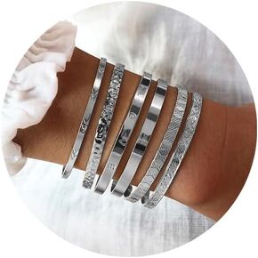 Silver Bangle Bracelets for Women, Multi Layer Stackable Cuff Bracelet Set, Trendy Elegance Charms Non Tarnish Minimalist Textured Boho Jewelry Gift for Women