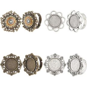 SUNNYCLUE 16Pcs 8 Styles Antique Silver Adjustable Blank Flower Cabochon Ring Settings Flat Ring & Oval Ring Components Bezel Setting Trays for Women DIY Ring Jewelry Making Crafts