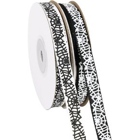 2 Rolls 50 Yards Halloween Ribbon 3/8 Inch Wide, Spider Web Black White Grosgrain Ribbon for Gift Wrapping, Halloween Decoration, Sewing, DIY Crafts (Halloween)