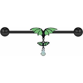 14G Luminous Green Bat Dangle Industrial Barbell Earrings for Women Men 316L Stainless Steel Helix Conch Cartilage Industrial Bar 38mm Halloween Industrial Piercing Jewelry