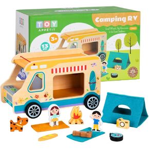 Wooden RV Toy for Toddlers 1-3, 13PC Camper Playset with Figures and Accessories, Montessori Toy Truck, Pretend Play Toy Camper, Toy RV, Truck Camper Toy, Trailer Toy, Toddlers Gift