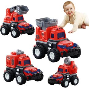 Fire Truck Toy Cars for Boys Girls Ages 2-4 - 4 Pack Press N Go Toy Cars for Toddlers 1-3 Emergency Vehicle Toys for 1 2 3 Year Old Birthday Gift, Pull Back Cars for Construction Sand Box