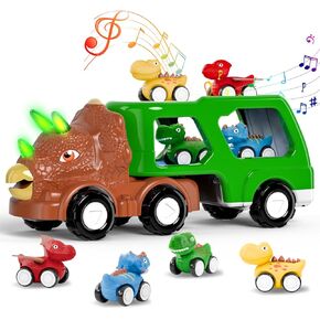 Dinosaur Truck Toys for Kids 3-5 Years, 5-in-1 Dinosaur Transport Carrier Truck with Dino Sound & Light, Dinosaur Truck with 4 Pull Back Cars, Dinosaur Cars Set for Toddlers (Green)