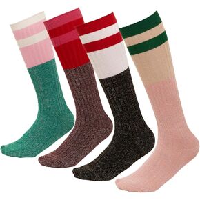 Womens Striped Tube Socks Over The Calf Long Glitter Socks 4 Pairs